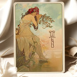 Dreamy Art Nouveau Wedding Menu Card<br><div class="desc">This exquisite Art Nouveau wedding menu card brings a serene, nature-inspired charm to your wedding. The design features a tranquil woman adorned with a crown of red blossoms, sitting peacefully by the water’s edge with flowing branches and soft foliage around her. The soothing color palette of soft blues, warm beiges,...</div>