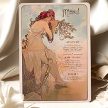 Dreamy Art Nouveau Wedding Menu Card<br><div class="desc">This exquisite Art Nouveau wedding menu card brings a serene, nature-inspired charm to your wedding. The design features a tranquil woman adorned with a crown of red blossoms, sitting peacefully by the water’s edge with flowing branches and soft foliage around her. The soothing color palette of soft blues, warm beiges,...</div>