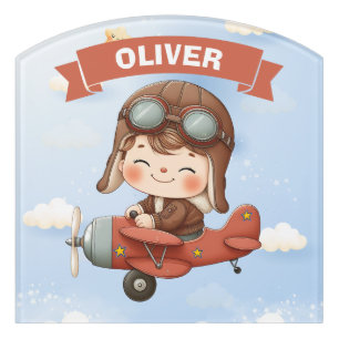 Dreamy Baby Aviator in Red Airplane Door Sign