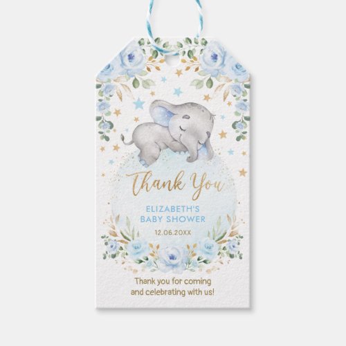 Dreamy Baby Elephant Blue Gold Floral Moon Stars Gift Tags