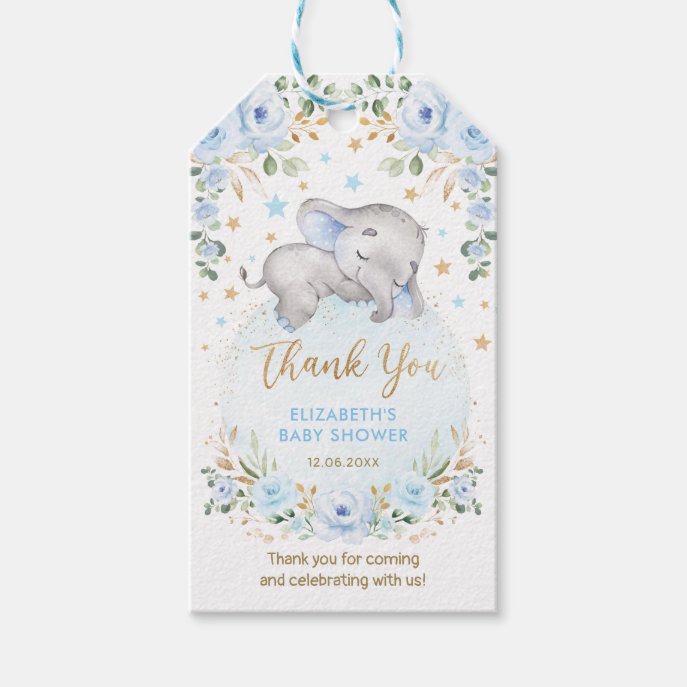 Dreamy Baby Elephant Blue Gold Floral Moon Stars Gift Tags
