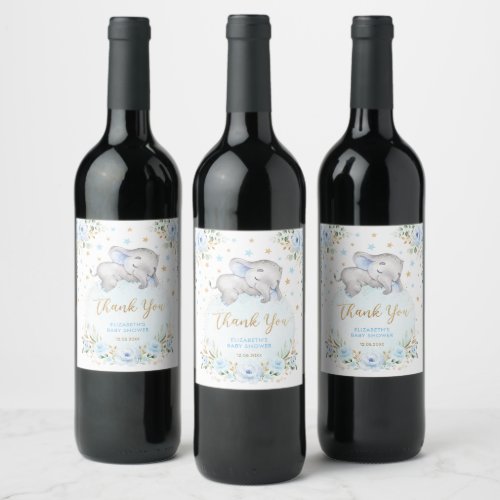 Dreamy Baby Elephant Blue Gold Floral Moon Stars Wine Label