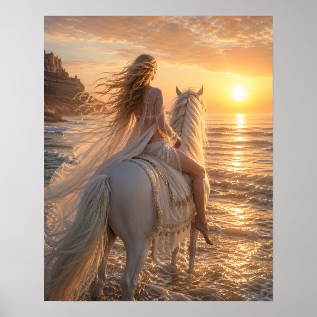 Dreamy Bareback horse on the beach at sunset Poster (Front)