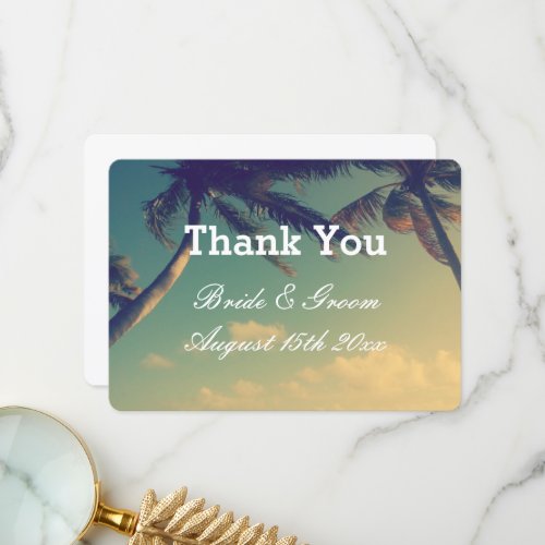 Dreamy beach wedding thank you card with palms