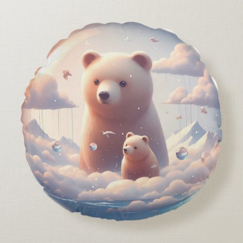 Dreamy Bear and cub  Round Pillow