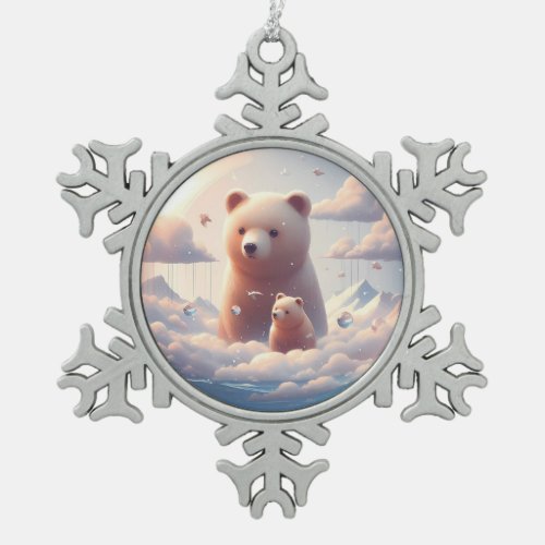 Dreamy Bear and cub  Snowflake Pewter Christmas Ornament