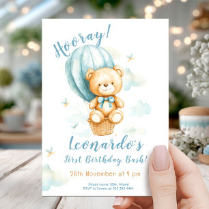 Dreamy Bear Balloon 1st Birthday Invitation