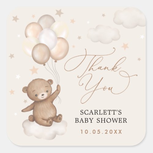 Dreamy Bear  Balloons Baby Shower Thank You Square Sticker