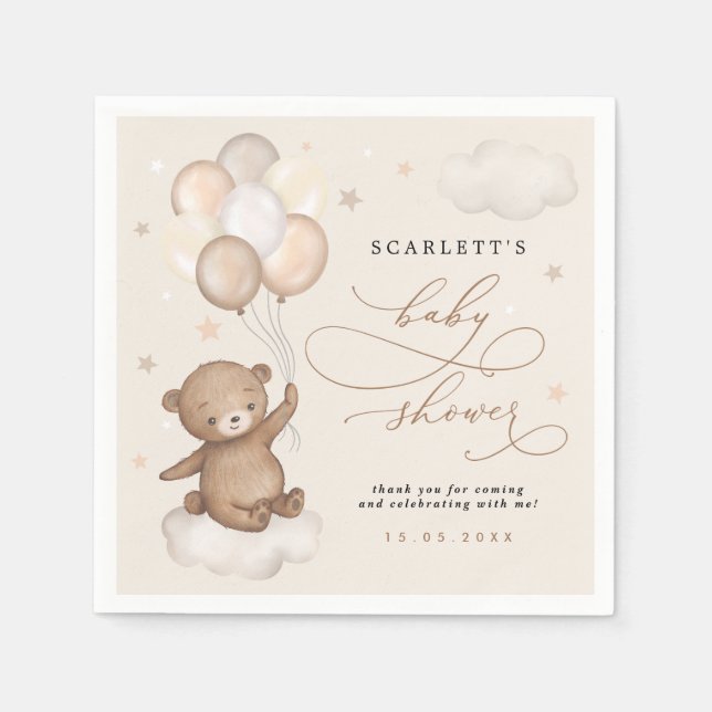 Dreamy Bear & Balloons Pastel Brown Baby Shower Napkins (Front)
