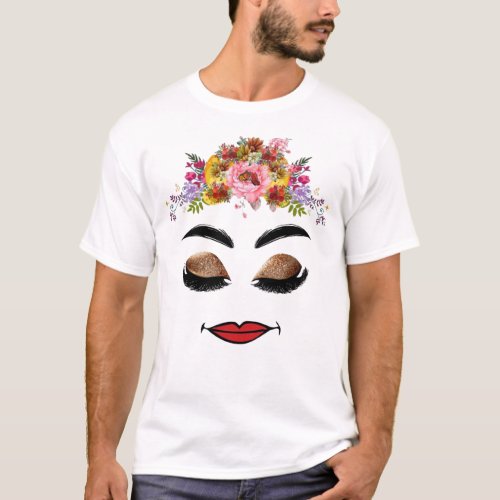 Dreamy Beauty Woman with Closed Eyes and Floral  T_Shirt