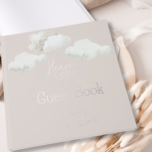 Dreamy Beige Neutral Heaven Sent Gender Reveal Foil Guest Book (Creator Uploaded)