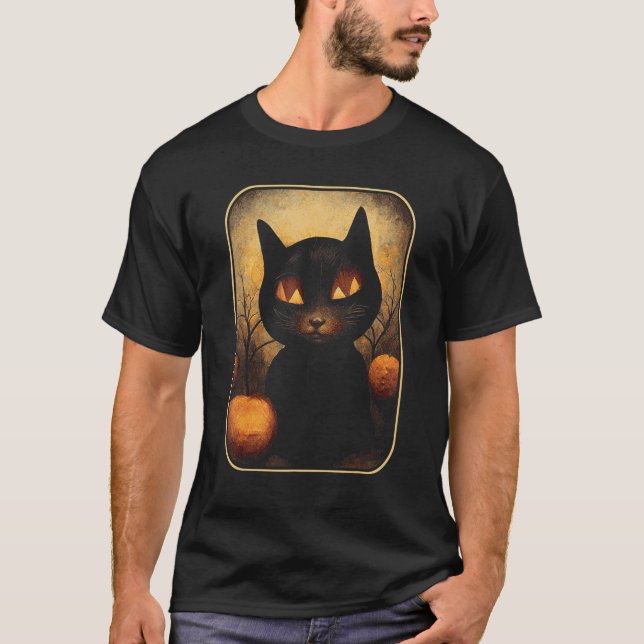 Dreamy Black Cat in Magic Pumpkin Forest T-Shirt (Front)