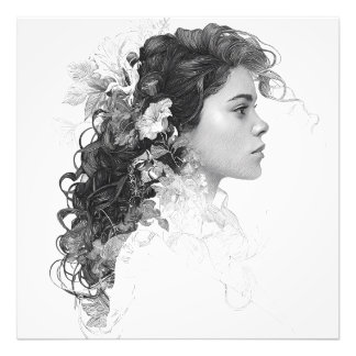 Dreamy Black White Floral Hair Portrait Photo Print