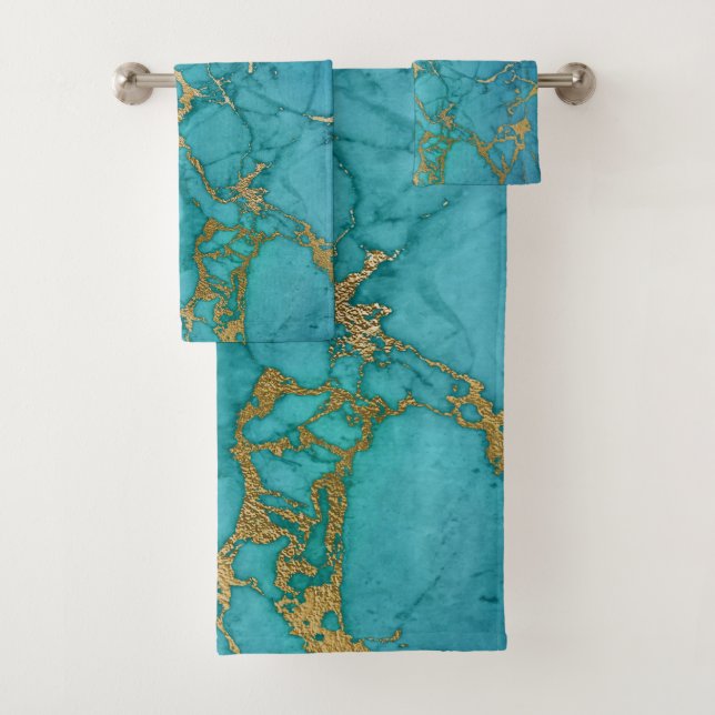 DREAMY BLUE AQUA GOLD MARBLE 2 BATHROOM TOWEL SET (Insitu)