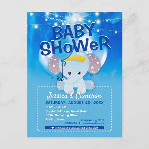 Dreamy Blue Balloons Baby Elephant Baby Shower Postcard