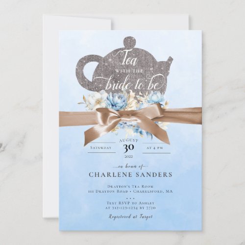 Dreamy Blue Floral and Bow Bridal Tea Invitation