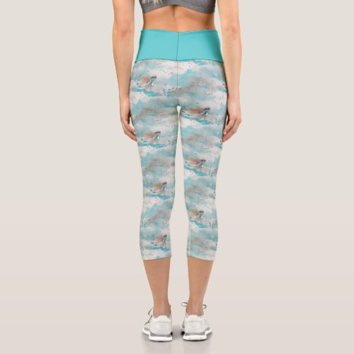 Dreamy Blue Flying Sea Turtle Nautical Pattern Capri Leggings