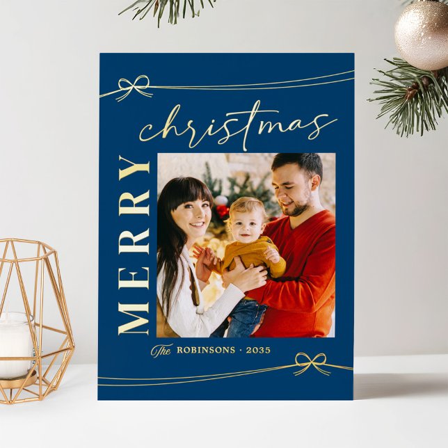 Dreamy Blue Gold Script Merry Christmas Photo Foil Holiday Card (Creator Uploaded)