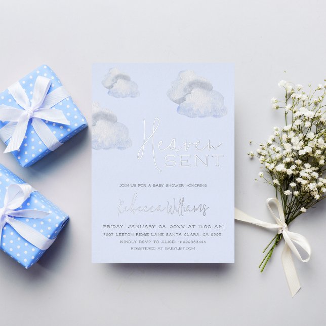 Dreamy Blue Heaven Sent Sky Themed Boy Baby Shower Foil Invitation (Creator Uploaded)