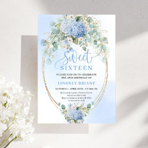 Dreamy Blue Hydrangeas Gold Sweet Sixteen Invite