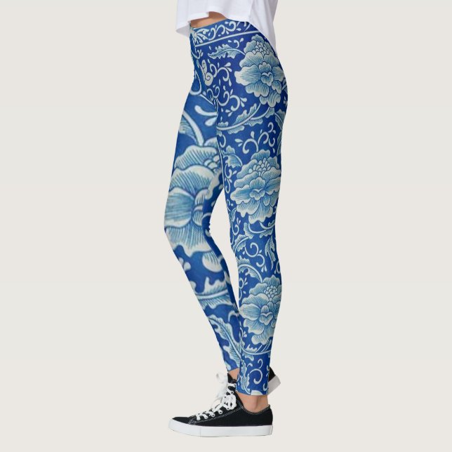 Dreamy Blue Lotus Vintage Chinoiserie Leggings (Left)