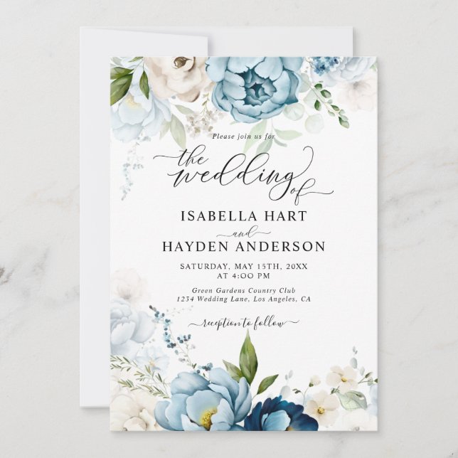Dreamy Blue Navy Floral All In 1 QR Code Wedding Invitation (Front)