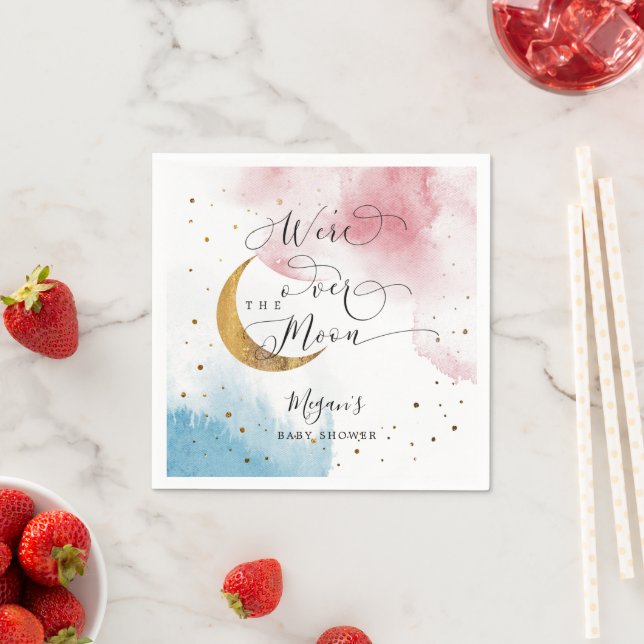 Dreamy Blue Pink Gold Over The Moon Baby Shower Napkins (Insitu)
