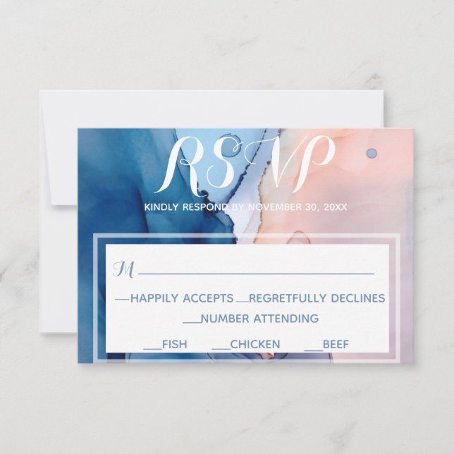 *~* Dreamy Blue Pink Watercolor Modern Trendy RSVP Card (Front)