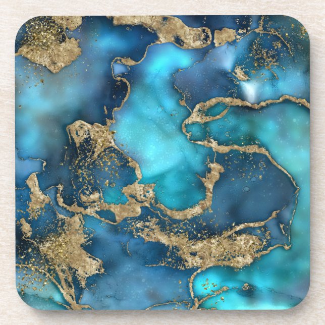Dreamy Blue Teal and Gold Beverage Coaster (Front)