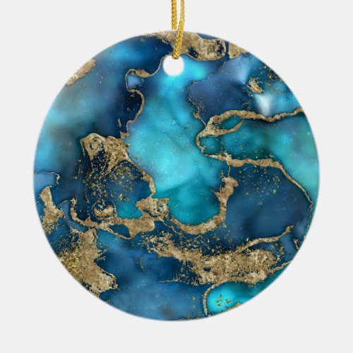 Dreamy Blue Teal and Gold Ceramic Ornament