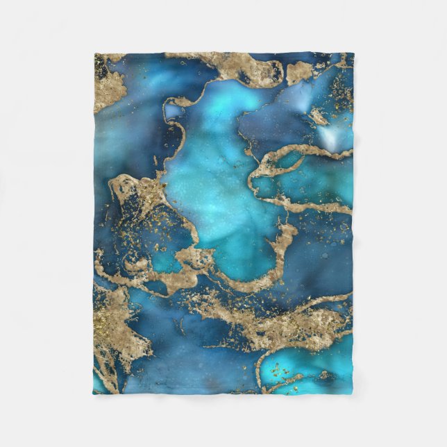 Dreamy Blue Teal and Gold Fleece Blanket (Front)