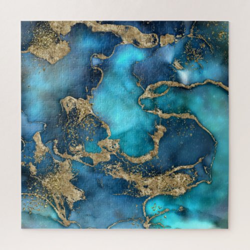 Dreamy Blue Teal and Gold Jigsaw Puzzle