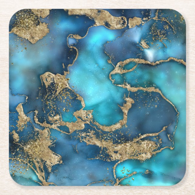 Dreamy Blue Teal and Gold Square Paper Coaster (Front)