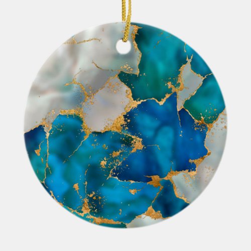 Dreamy Blue Teal pearl and Gold Ceramic Ornament