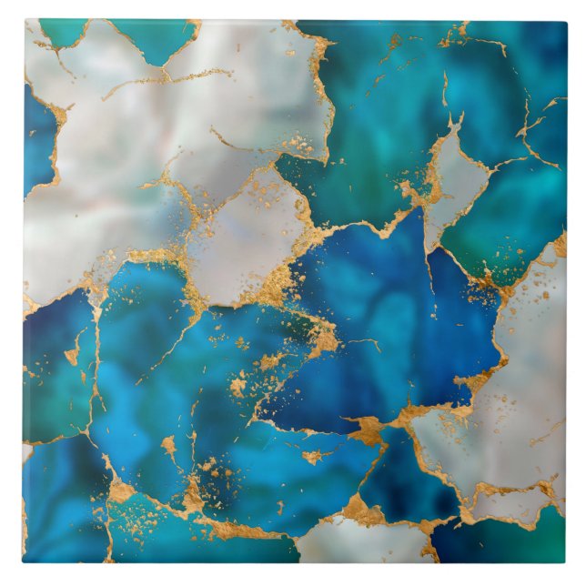 Dreamy Blue, Teal, pearl and Gold Ceramic Tile (Front)