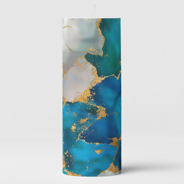 Dreamy Blue, Teal, pearl and Gold Pillar Candle (Front)