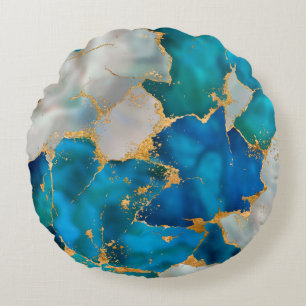 Dreamy Blue, Teal, pearl and Gold Round Pillow