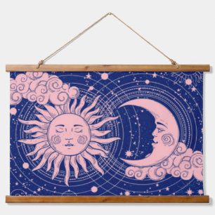 Dreamy Blue Vintage Celestial Pink Sun & Moon Hanging Tapestry