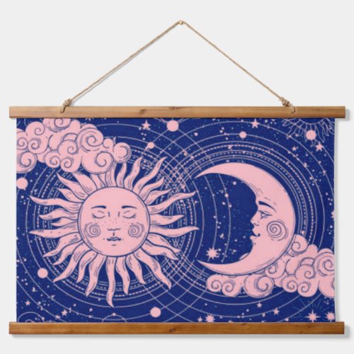 Dreamy Blue Vintage Celestial Pink Sun  Moon Hanging Tapestry