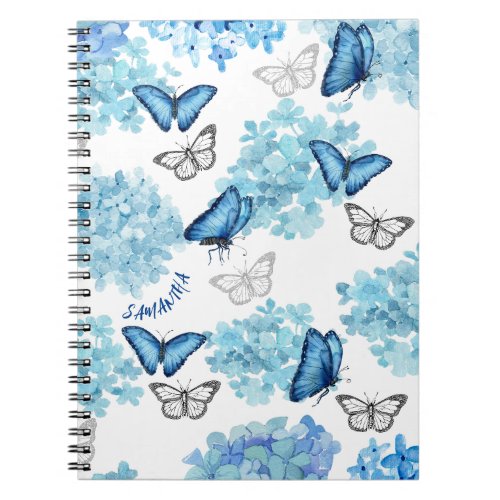 Dreamy Blue Watercolour Hydrangea and Butterfly Notebook