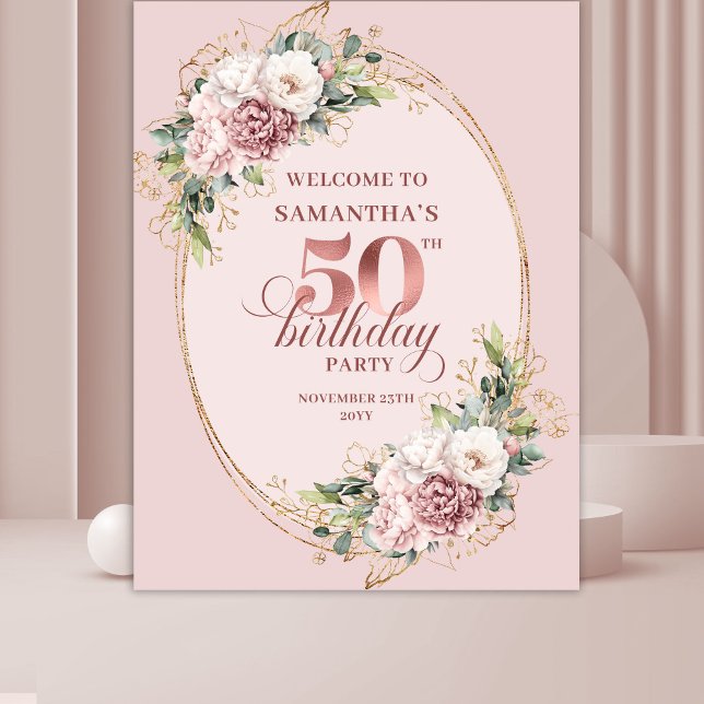 Dreamy Blush Floral 50th Birthday Photo Backdrop (Dreamy Blush Floral 50th Birthday Photo Backdrop)