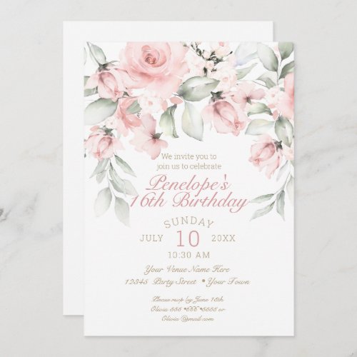 Dreamy Blush Pink Roses Sweet Sixteen Birthday Invitation