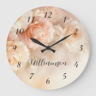 Dreamy Blush Watercolor Roses Monogram Large Clock