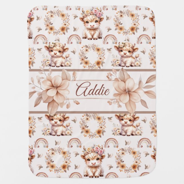 Dreamy Boho Highland Cow Nursery Blanket (Front)