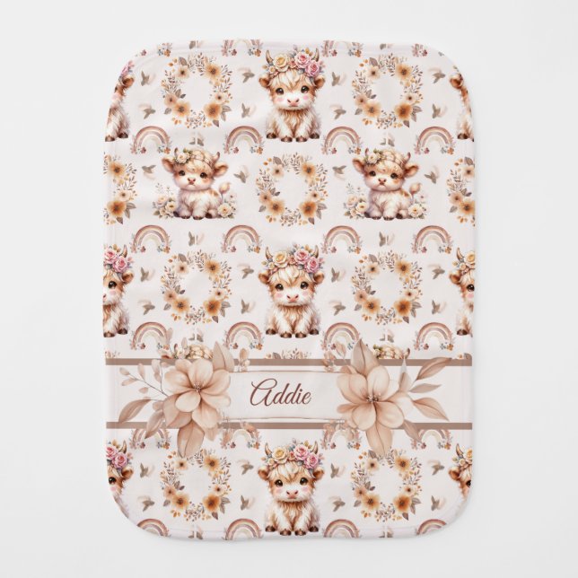 Dreamy Boho Highland Cow Nursery Burp Cloth (Front)