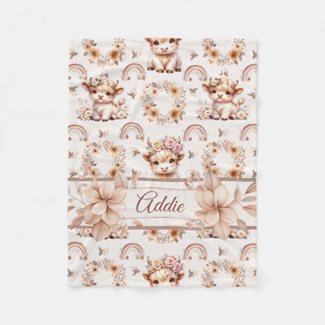 Dreamy Boho Highland Cow Nursery Fleece Blanket (Front)