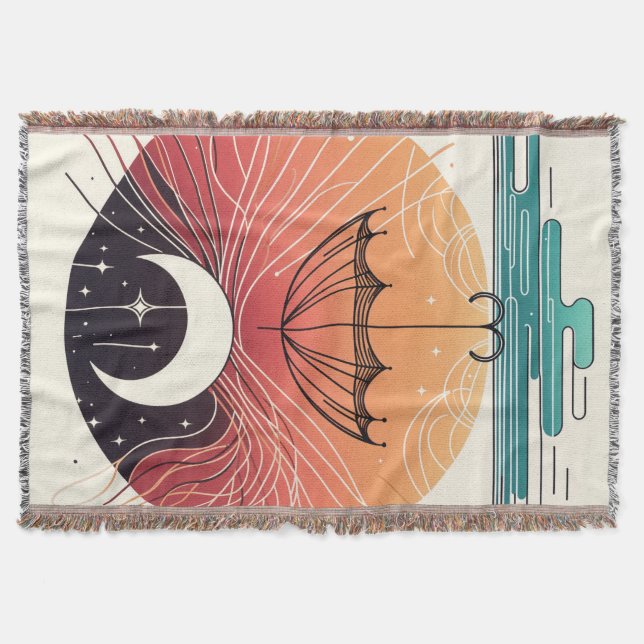 Dreamy Boho Moon & Starry Rain Cozy Throw Blanket (Front)