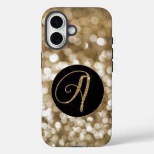 Dreamy Bokeh Gold Glitter Letter A Monogram Black  iPhone 16 Case