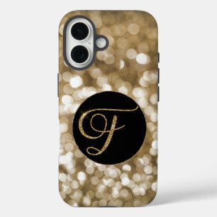 Dreamy Bokeh Gold Glitter Letter F Monogram Black  iPhone 16 Case