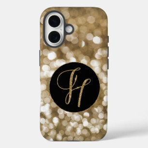 Dreamy Bokeh Gold Glitter Letter H Monogram Black  iPhone 16 Case